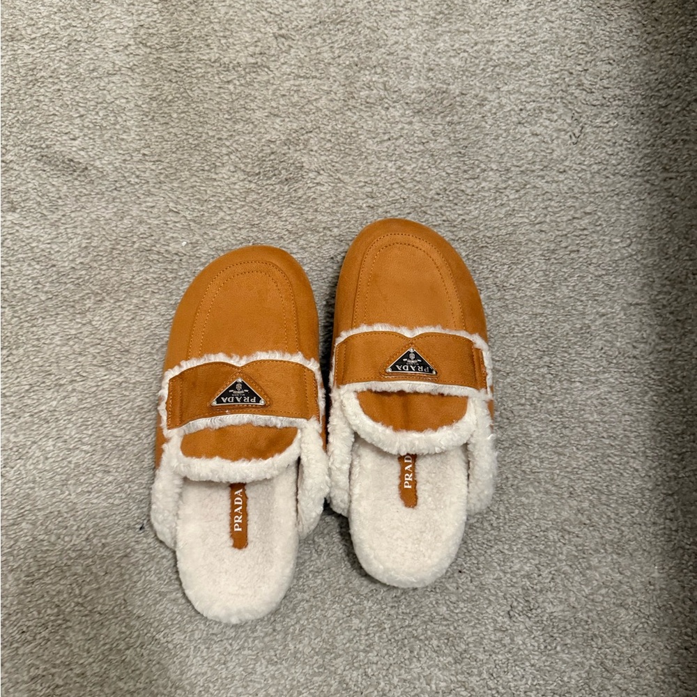 Prada Brown and Cream Shearling Slippers
